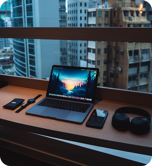 Laptop on a desk with city view